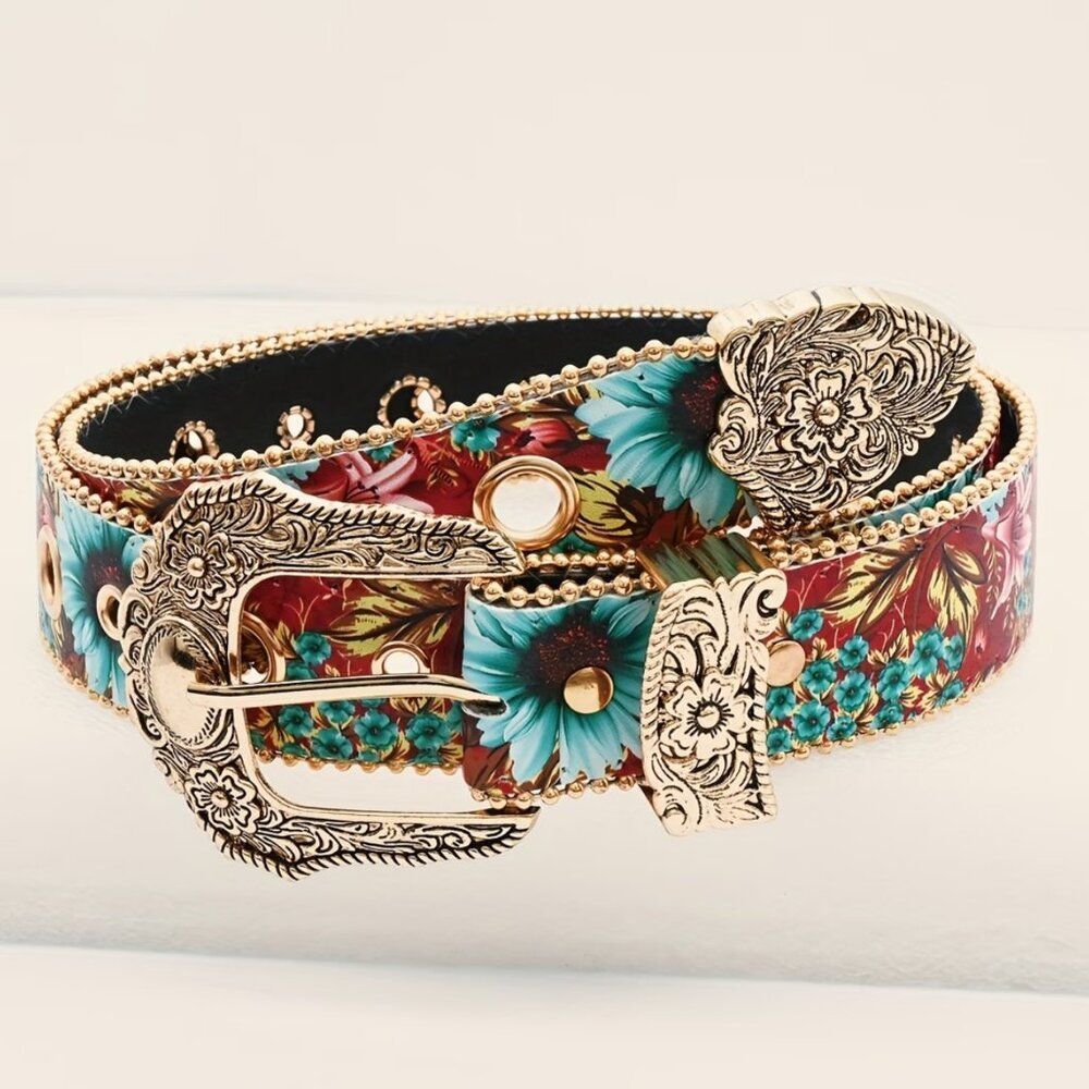 Vintage Style Floral Western Belt Boho Cowgirl Gold Engraved Carved Buckle S - Picture 2 of 7